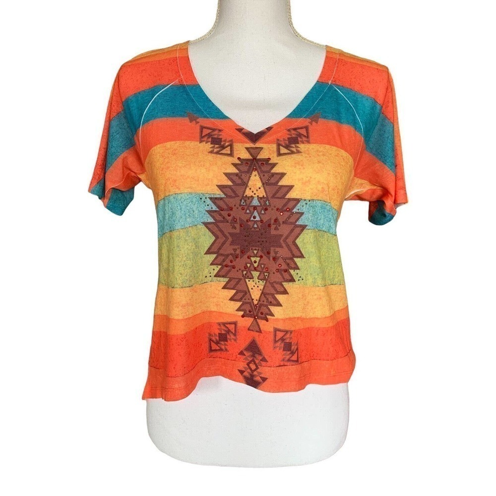 Live To Be Spoiled Women's Top Size Small V-Neck Short Sleeve Southwestern Aztec